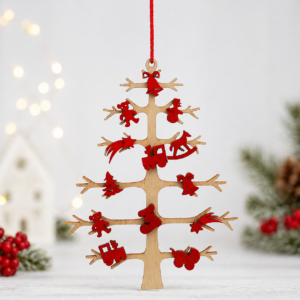 Wooden Tree Ornament Red Accents