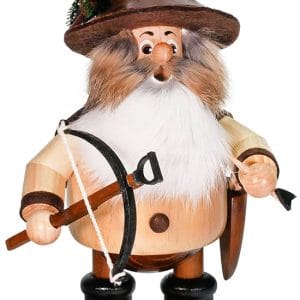 Wooden gnome figurine with a tall hat, beard, and festive accessories.