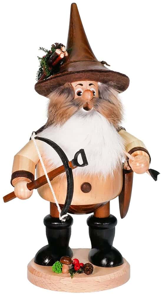 Wooden gnome figurine with a tall hat, beard, and festive accessories.